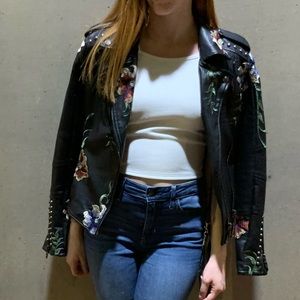 Faux Leather Jacket with Floral appliqué